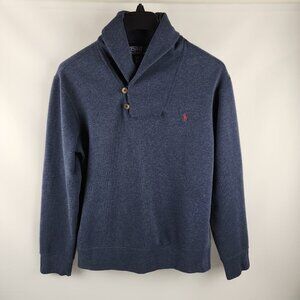 Polo Ralph Lauren Sweater Mens Blue Large Shaw Collar Elbow Patch Sweatshirt